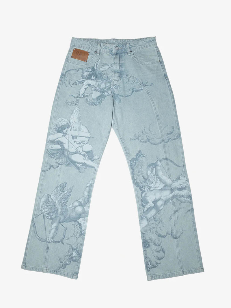 Cupid Print Washed Blue Jeans
